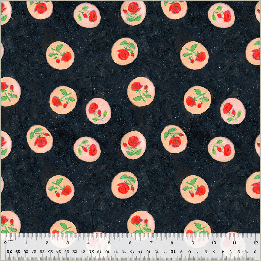 Cotton quilting fabric pattern called 'Rose Cameo in Night'. Part of the 'Heather Ross By Hand' fabric collection. Designed by Heather Ross for fabric company Windham Fabrics. SKU: 54254D-5. 44-45 inch width.