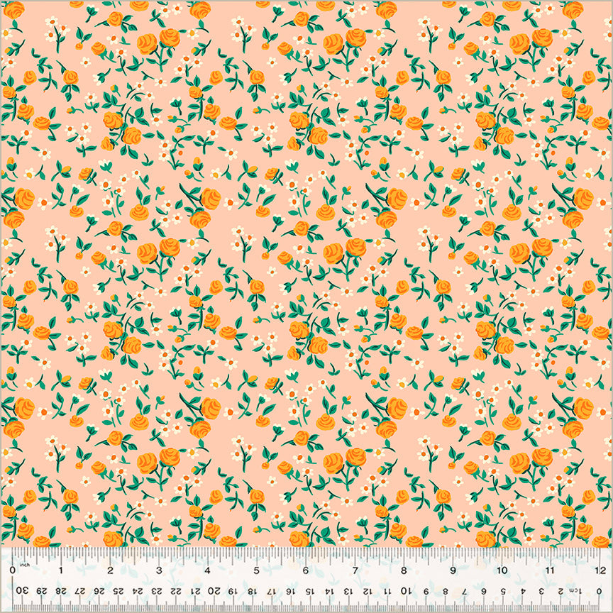 Cotton quilting fabric pattern called 'Mousy Floral in Blush'. Part of the 'Heather Ross By Hand' fabric collection. Designed by Heather Ross for fabric company Windham Fabrics. SKU: 54255D-6. 44-45 inch width.