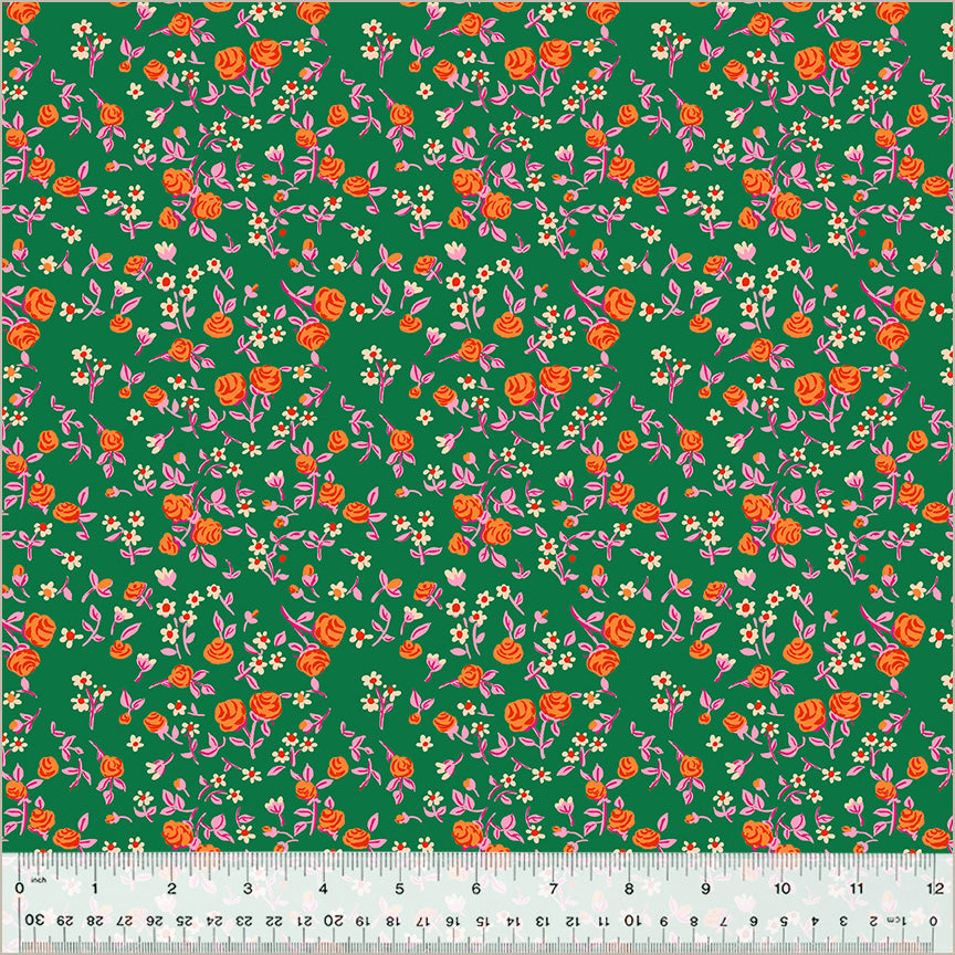 Cotton quilting fabric pattern called 'Mousy Floral in Emerald'. Part of the 'Heather Ross By Hand' fabric collection. Designed by Heather Ross for fabric company Windham Fabrics. SKU: 54255D-8. 44-45 inch width.