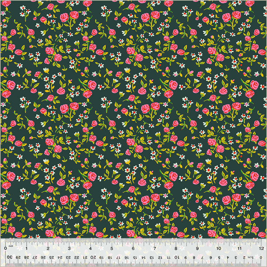 Cotton quilting fabric pattern called 'Mousy Floral in Pasture'. Part of the 'Heather Ross By Hand' fabric collection. Designed by Heather Ross for fabric company Windham Fabrics. SKU: 54255D-9. 44-45 inch width.