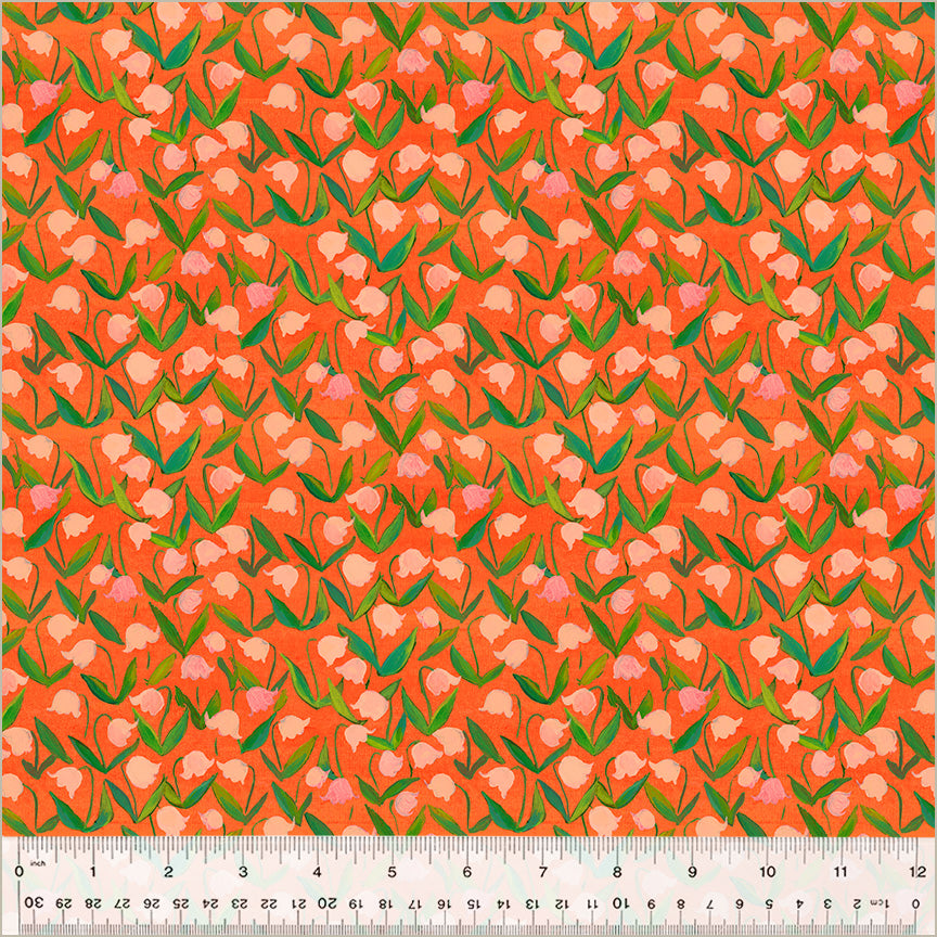 Cotton quilting fabric pattern called 'Flowerbed in Coral'. Part of the 'Heather Ross By Hand' fabric collection. Designed by Heather Ross for fabric company Windham Fabrics. SKU: 54257D-12. 44-45 inch width.