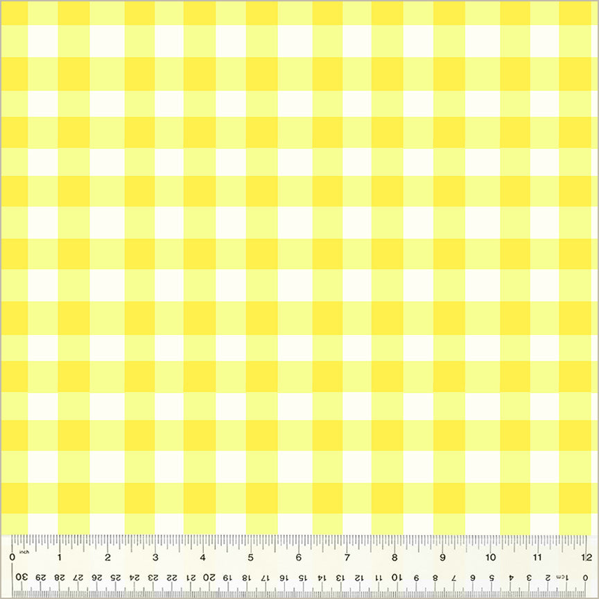 Cotton quilting fabric pattern called 'Essential Gingham in Lemon'. Part of the 'Heather Ross By Hand' fabric collection. Designed by Heather Ross for fabric company Windham Fabrics. SKU: 54258D-13. 44-45 inch width.