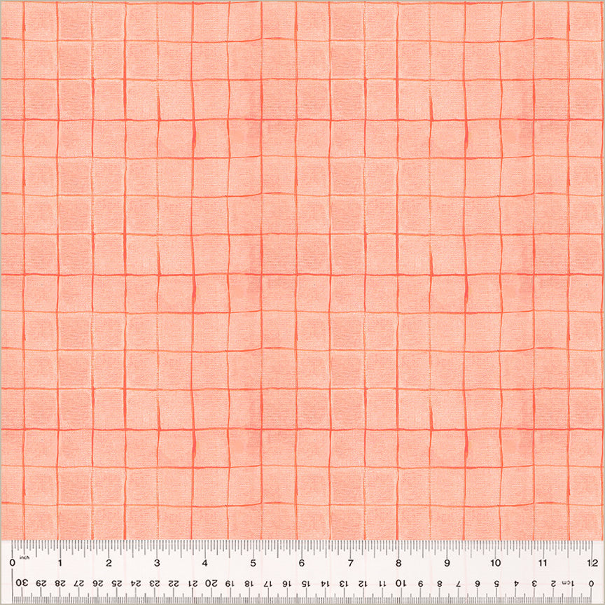 Cotton quilting fabric pattern called 'Drawn Plaid in Salmon'. Part of the 'Heather Ross By Hand' fabric collection. Designed by Heather Ross for fabric company Windham Fabrics. SKU: 54260D-3. 44-45 inch width.