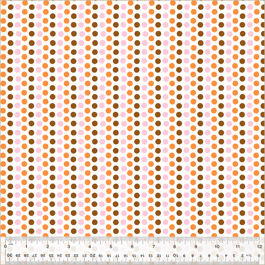 A closeup shot of the quilting fabric pattern called Dots, designed by Heather Ross, in the pink & orange colorway. The SKU is 54326D-5.