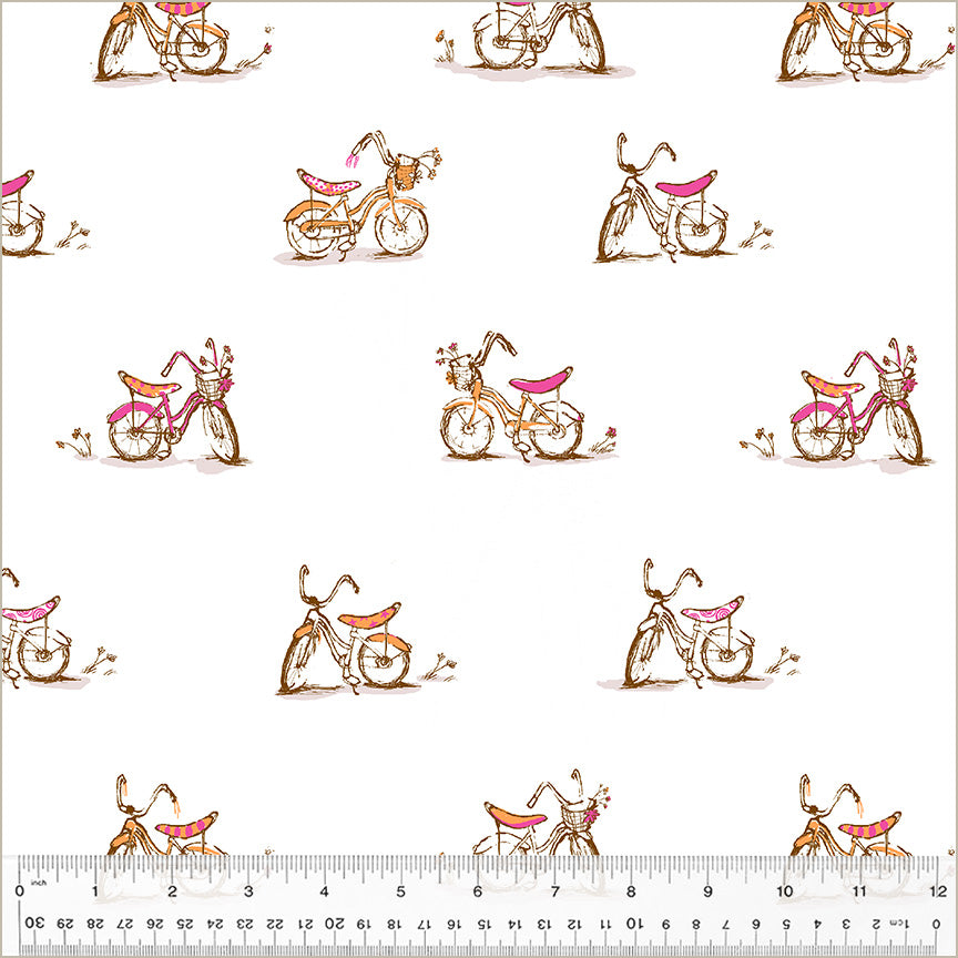 A closeup shot of the quilting fabric pattern called Dream Bike, by Heather Ross, in the white colorway. The SKU is 54327D-3.