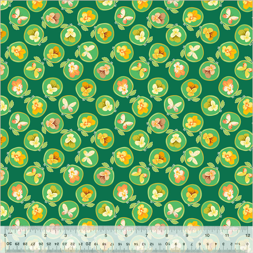 A closeup shot of the quilting fabric pattern called Cameo, designed by Tamara Kate, in the green colorway. The SKU. is 54654-7.