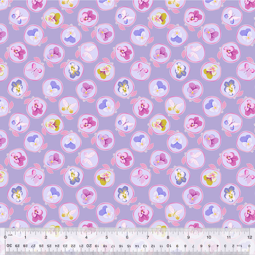 A closeup shot of the quilting fabric pattern called Cameo, designed by Tamara Kate, in the purple colorway. The SKU is 54654-8.