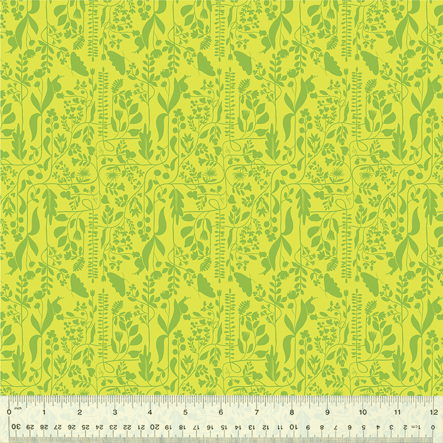 A closeup shot of the quilting fabric pattern called Meander, designed by Tamara Kate, in the grass colorway. The SKU is 54657-15.