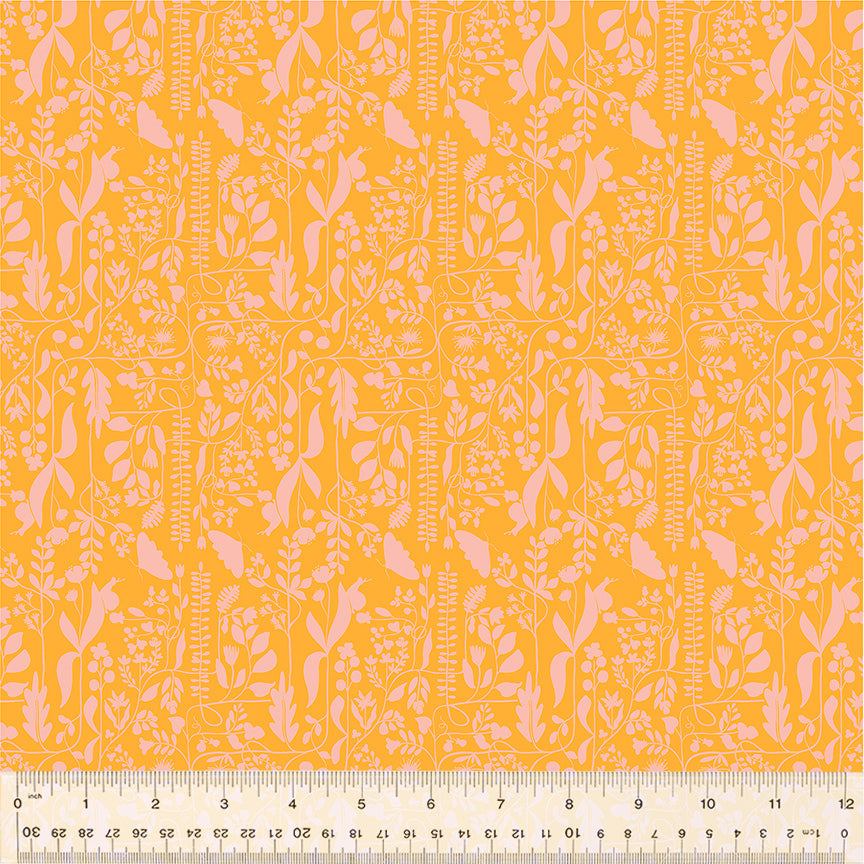 A closeup shot of the quilting fabric pattern called Meander, designed by Tamara Kate, in the orange colorway. The SKU is 54657-16.