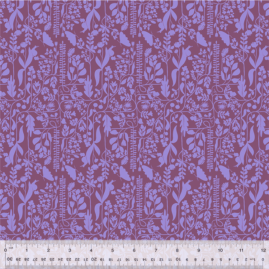 A closeup shot of the quilting fabric pattern called Meander, designed by Tamara Kate, in the plum colorway. The SKU is 54657-17.