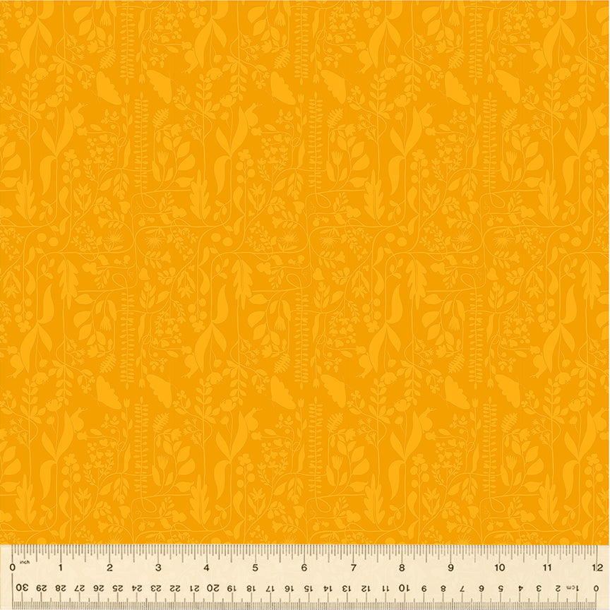 A closeup shot of the quilting fabric pattern called Meander, designed by Tamara Kate, in the gold colorway. The SKU is 54657-19.