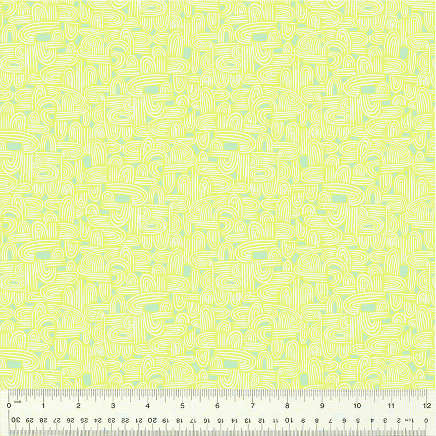 A closeup shot of the quilting fabric pattern called Tunneling, designed by Tamara Kate, in the celery colorway. The SKU is 54658-21.