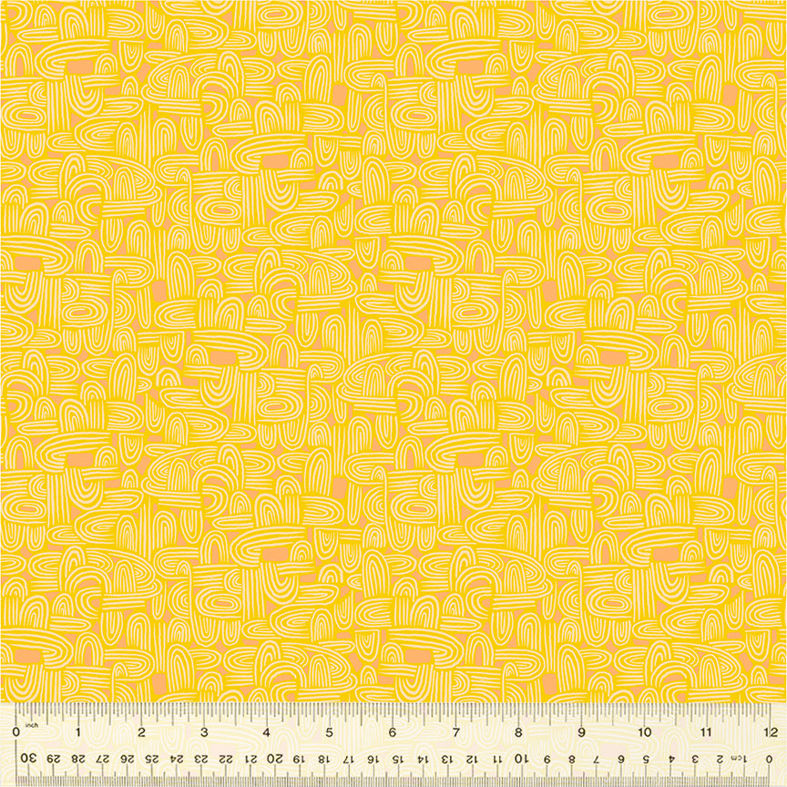 A closeup shot of the quilting fabric pattern called Tunneling, designed by Tamara Kate, in the yellow colorway. The SKU is 54658-24.