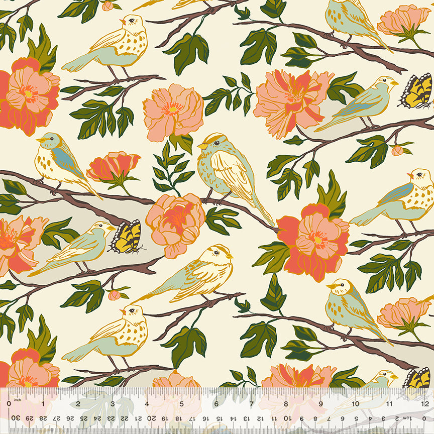 A closeup shot of the quilting fabric pattern called Birds of a Feather, designed by Jennifer Moore, in the ivory colorway. The SKU is 54712-3.