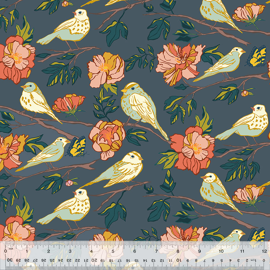 A closeup shot of the quilting fabric pattern called Birds of a Feather, designed by Jennifer Moore, in the periwinkle colorway. The SKU is 54712-4.