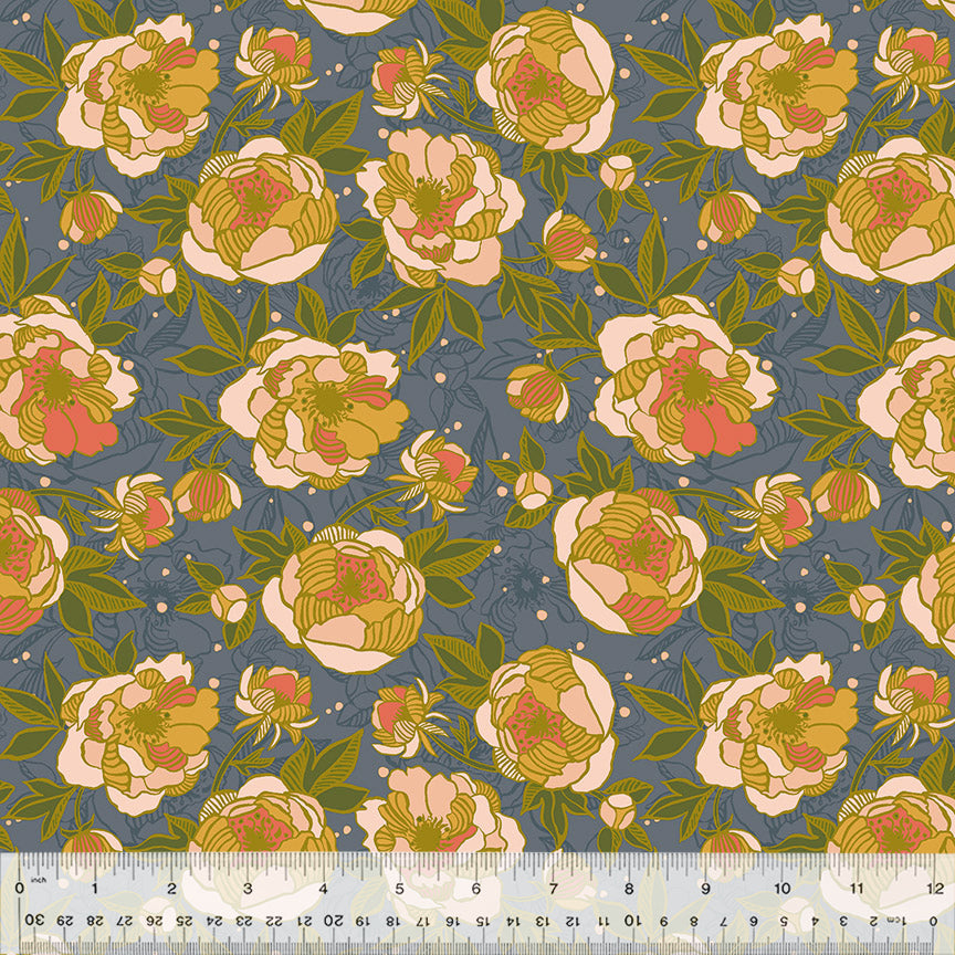 A closeup shot of the quilting fabric pattern called Wild Peonies, designed by Jennifer Moore, in the periwinkle colorway. The SKU is 54713-4.