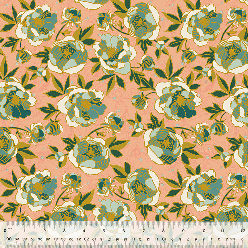 A closeup shot of the quilting fabric pattern called Wild Peonies, designed by Jennifer Moore, in the pink colorway. The SKU is 54713-6.