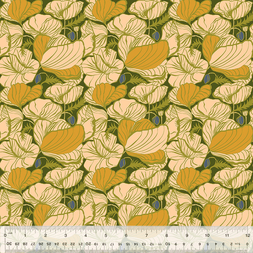 A closeup shot of the quilting fabric pattern called Lush, designed by Jennifer Moore, in the olive colorway. The SKU is 54714-7.