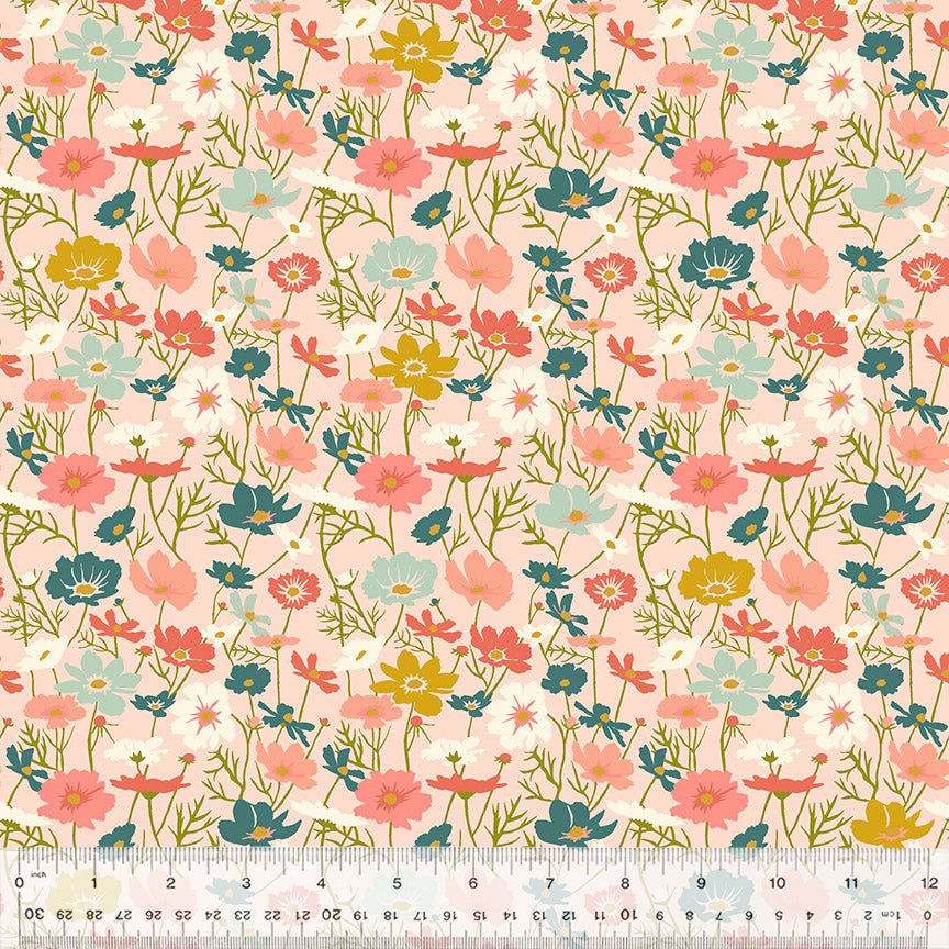 A closeup shot of the quilting fabric pattern called Blooming Cosmos, designed by Jennifer Moore, in the pale pink colorway. The SKU is 54716-10.