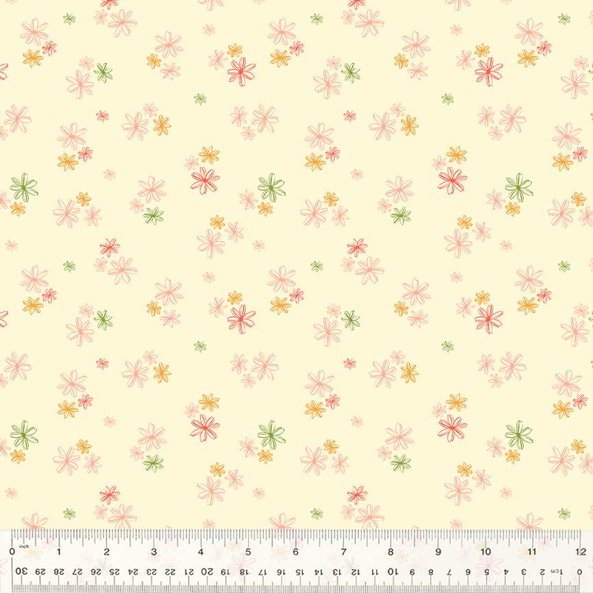 A closeup shot of the quilting fabric pattern called Dappled Daisies, designed by Jennifer Moore, in the ivory colorway. The SKU is 54717-3.