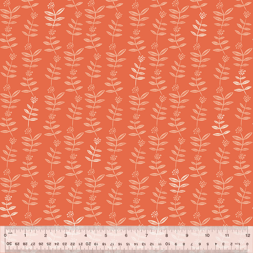 A closeup shot of the quilting fabric pattern called Flower Chain, designed by Jennifer Moore, in the coral colorway. The SKU is 54718-13.