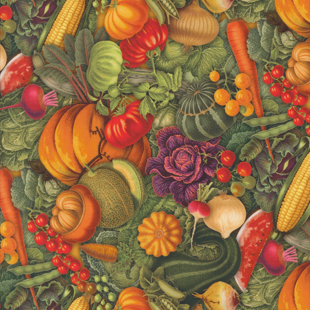 A closeup shot of the quilting fabric pattern called Cornucopia, designed by Cathe Holden. The SKU is 7471 11.