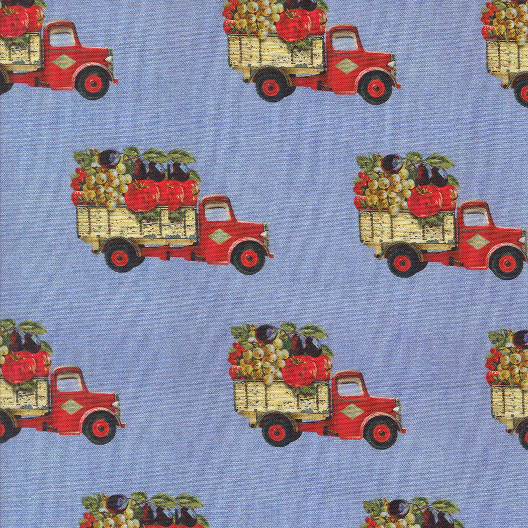 A closeup shot of the quilting fabric pattern called Farm to Market, designed by Cathe Holden, in the sky colorway. The SKU is 7475 13.