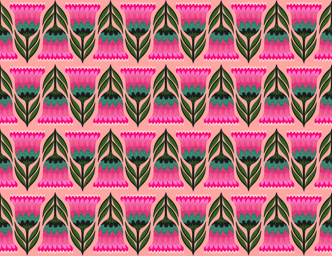 A closeup shot of the quilting fabric pattern called Celosia, designed by Anna Maria Horner, in the punch colorway. The SKU is AMT130-23L.