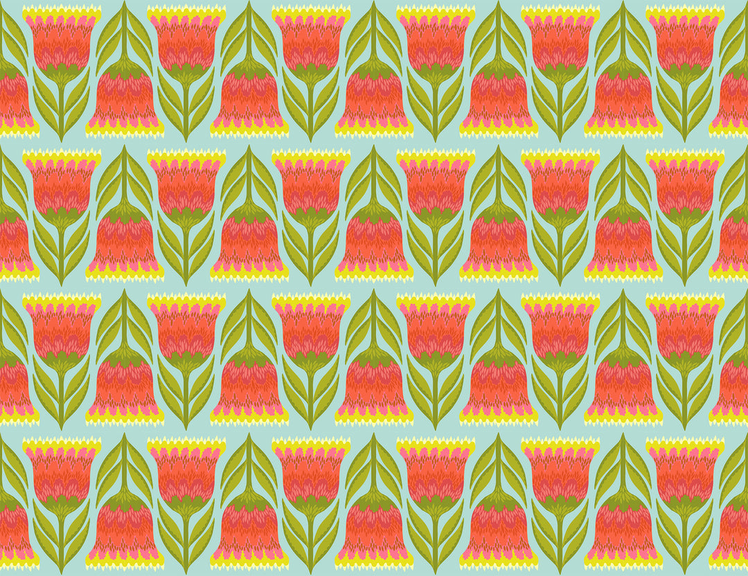 A closeup shot of the quilting fabric pattern called Celosia, designed by Anna Maria Horner, in the lime colorway. The SKU is AMT130-74V.