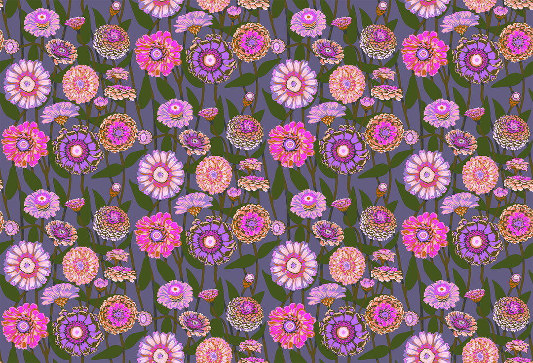 A closeup shot of the quilting fabric pattern called Zinnia Show, designed by Anna Maria Horner, in the mauve colorway. The SKU is AMT131-82V.