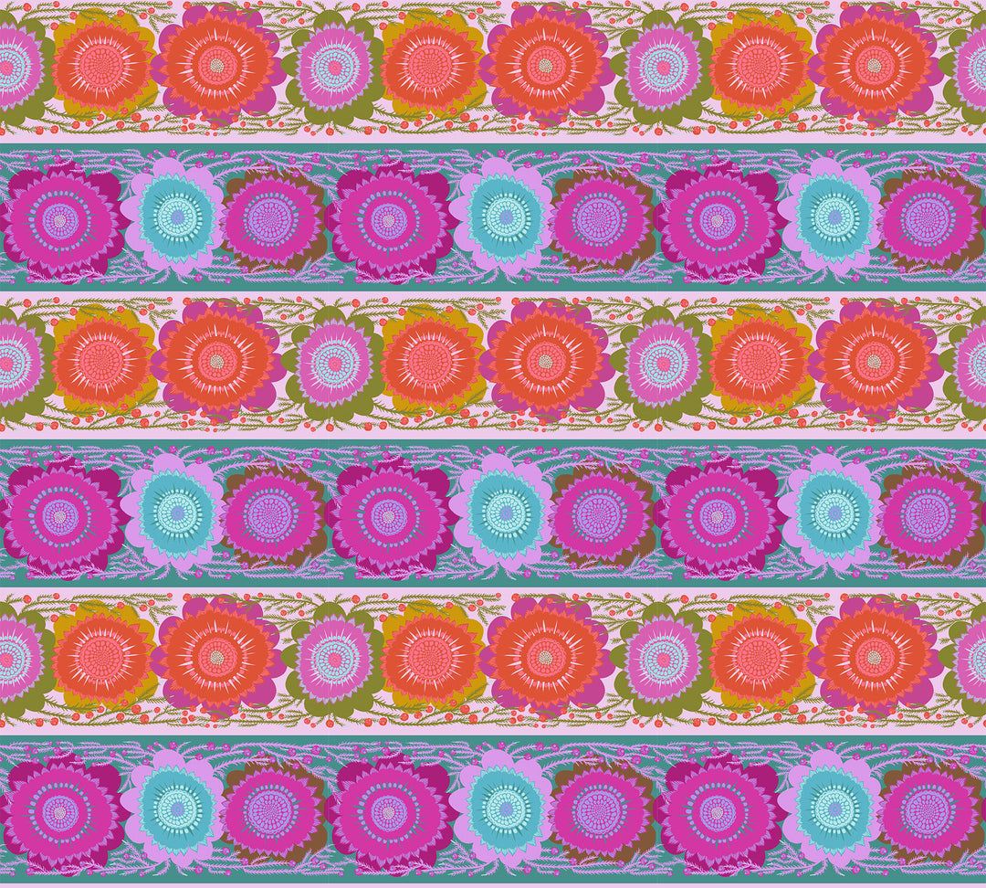 A closeup shot of the quilting fabric pattern called Line Dance, designed by Anna Maria Parry, in the bouquet colorway. The SKU is AMT135-82V.