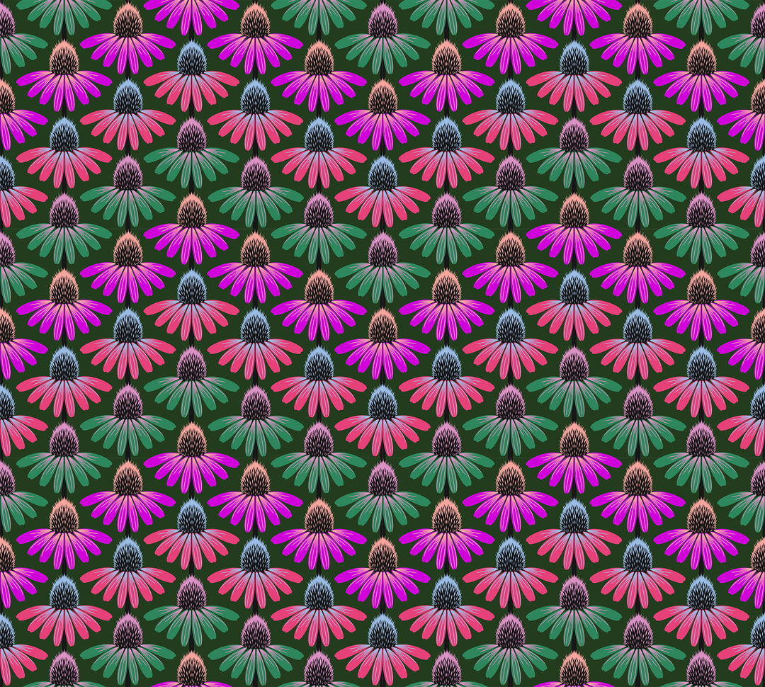 A closeup shot of the quilting fabric pattern called Echinacea Rhythm, designed by Anna Maria Parry, in the forest colorway. The SKU is AMT136-78L.