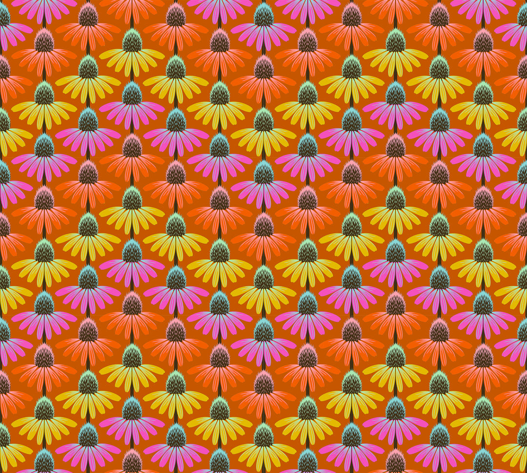 A closeup shot of the quilting fabric pattern called Echinacea Rhythm, designed by Anna Maria Parry, in the fire colorway. The SKU is AMT136-79V.