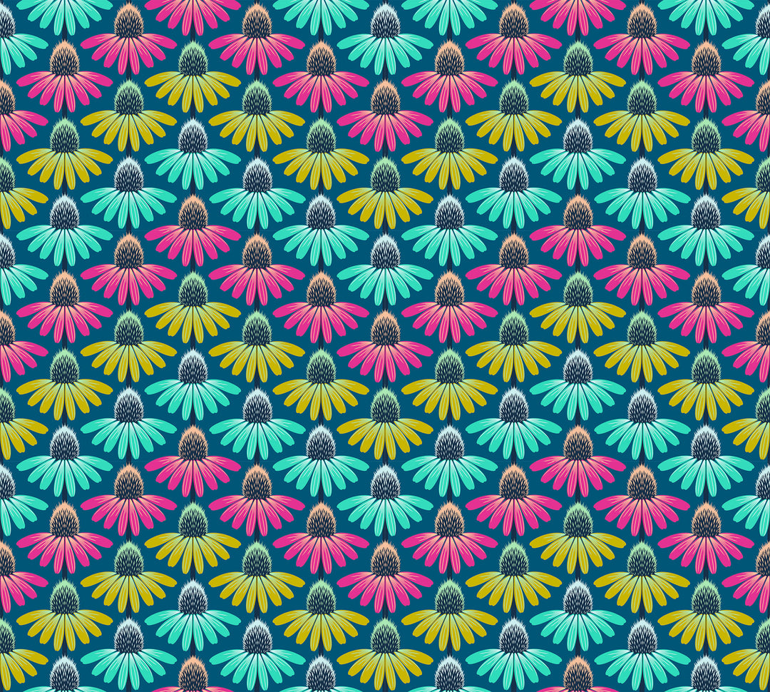 A closeup shot of the quilting fabric pattern called Echinacea Rhythm, designed by Anna Maria Parry, in the parade colorway. The SKU is AMT136-86C.