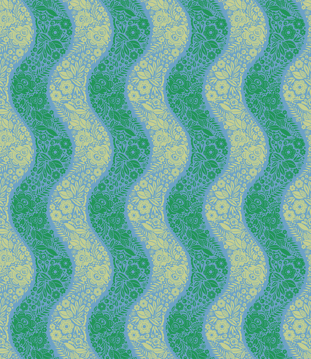 A closeup shot of the quilting fabric pattern called Village Path, designed by Anna Maria Horner, in the sea colorway. The SKU is AMT139-64C.