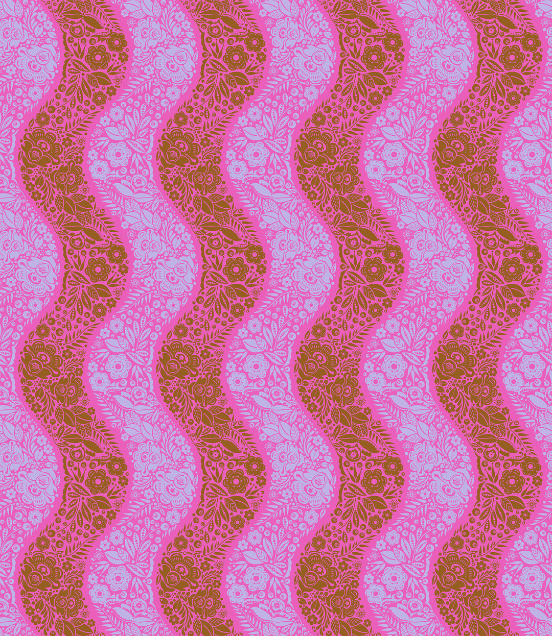 A closeup shot of the quilting fabric pattern called Village Path, designed by Anna Maria Parry, in the raspberry colorway. The SKU is AMT139-84V.