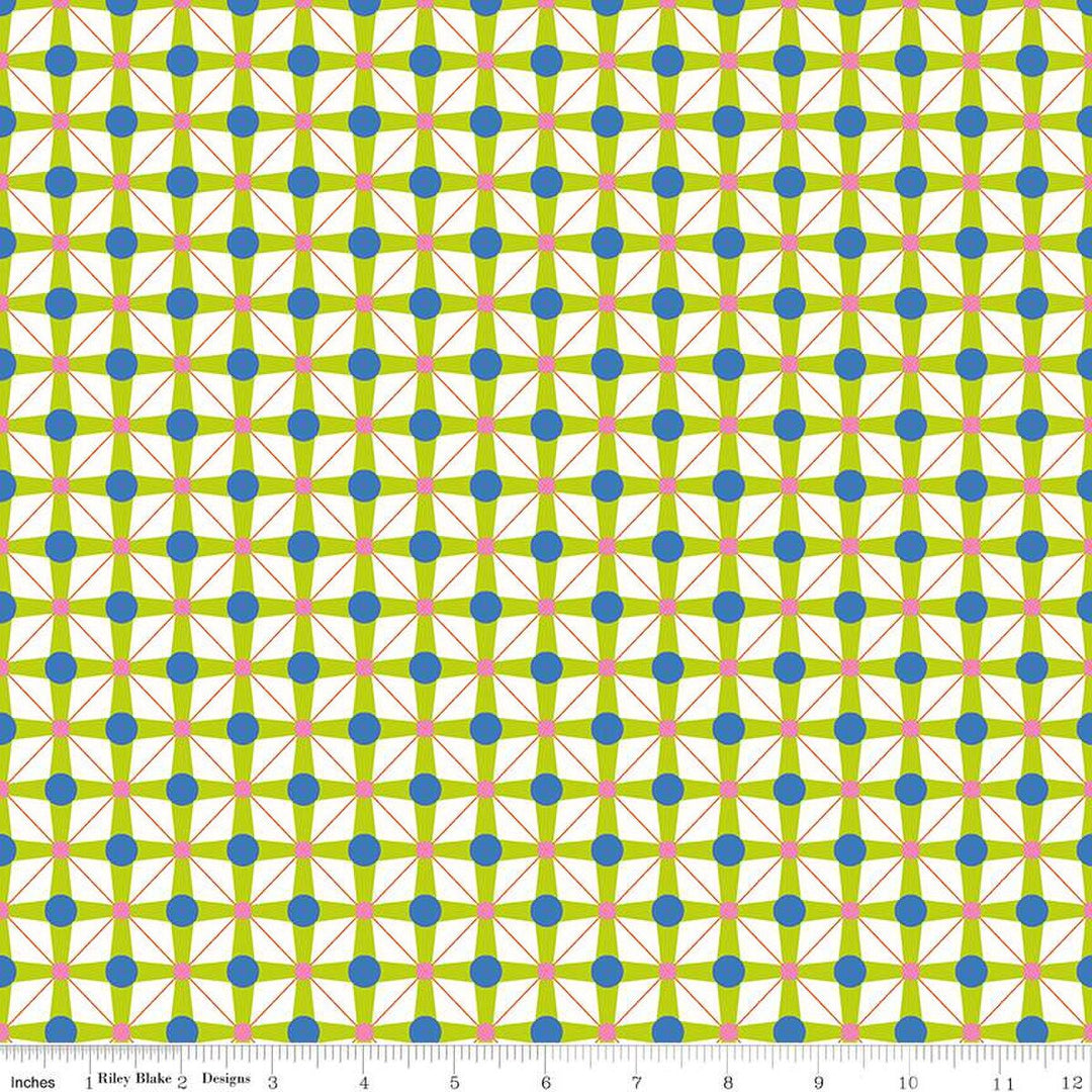 A closeup shot of the quilting fabric pattern called Geo Lime, designed by Sue Daley for Riley Blake Designs, in the lime colorway. The SKU is C15332-LIME.