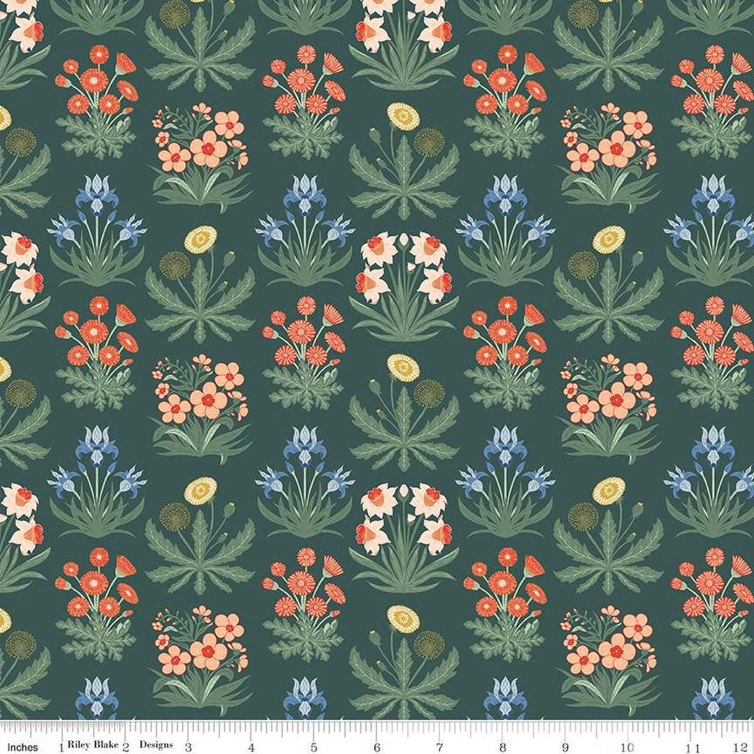 A closeup shot of the quilting fabric pattern called Morning Meadow Pine, designed by Danelys Sidron. The SKU is C15471-PINE.