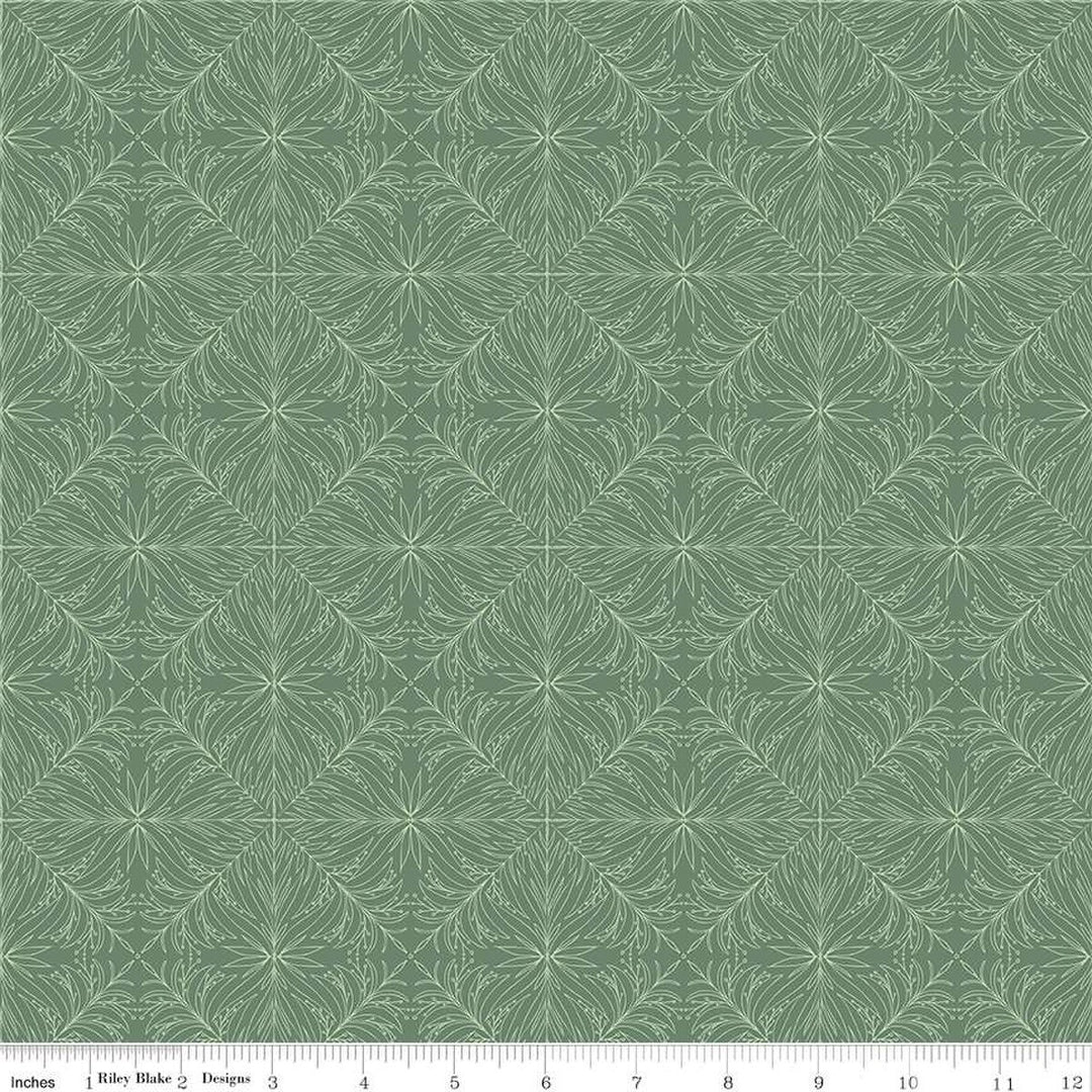 A closeup shot of the quilting fabric pattern called Oak Trail Green, designed by Danelys Sidron. The SKU is C15472-GREEN.