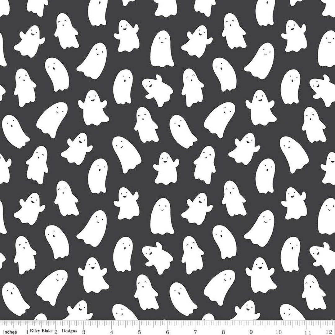 A closeup shot of the quilting fabric pattern called Ghosts, designed by My Mind's Eye for Riley Blake, in the charcoal colorway. The SKU is C16032-CHARCOAL.