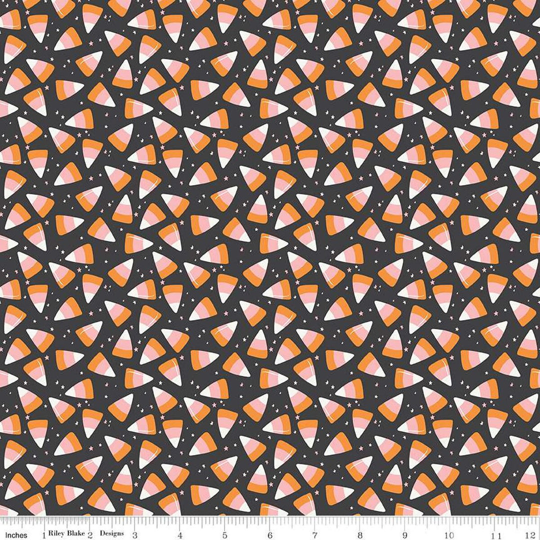 A closeup shot of the quilting fabric pattern called Corn Candy, designed by My Mind's Eye for Riley Blake, in the charcoal colorway. The SKU is C16035-CHARCOAL.