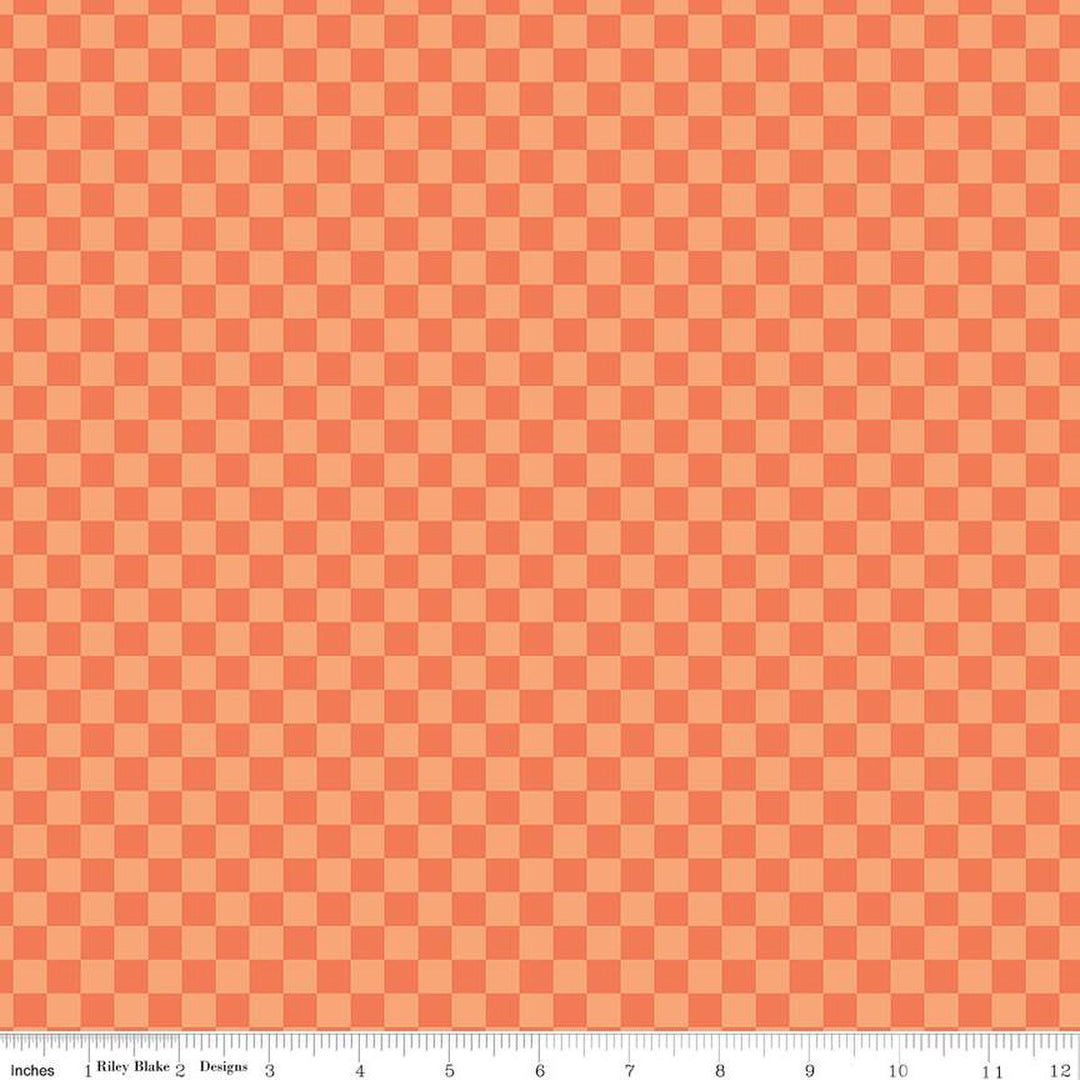 A closeup shot of the quilting fabric pattern called Checks, designed by My Mind's Eye for Riley Blake, in the orange colorway. The SKU is C16036-ORANGE.