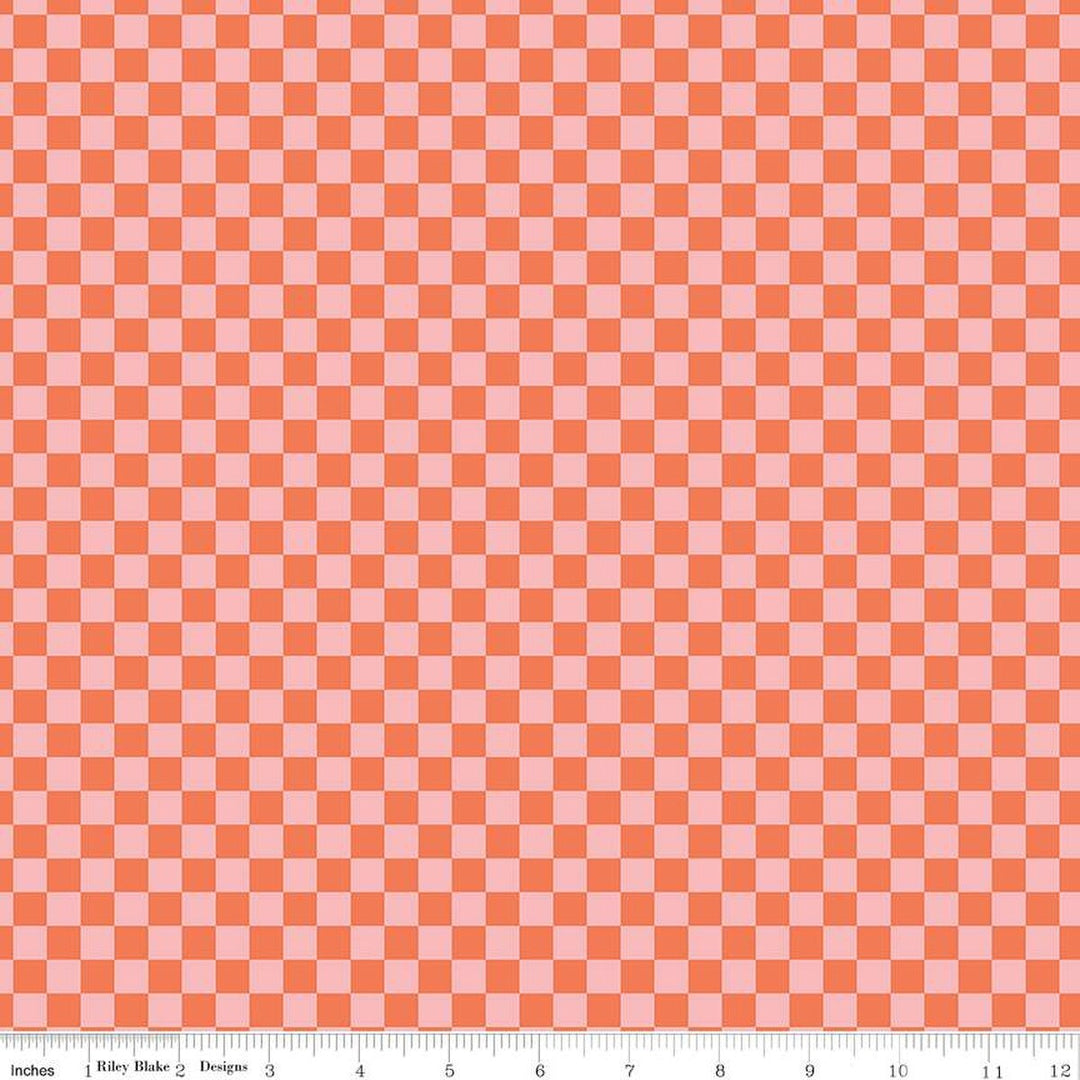 A closeup shot of the quilting fabric pattern called Checks, designed by My Mind's Eye for Riley Blake, in the pink colorway. The SKU is C16036-PINK.