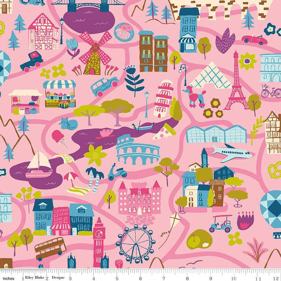 A closeup shot of the quilting fabric pattern called It Takes a Village, designed by Genesis Hall, in the rose colorway. The SKU is C16930-ROSE.