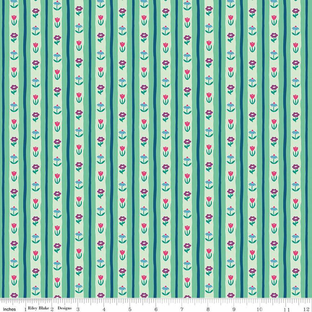 A closeup shot of the quilting fabric pattern called Bavarian Blooms, designed by Genesis Hall, in the mint colorway. The SKU is C16934-MINT.