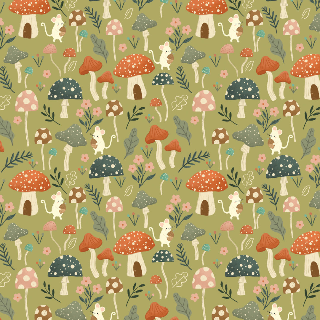 Cotton quilting fabric pattern called 'Mushroom Forest'. Part of the 'Cedar Camp' fabric collection. Designed by Ramble & Bramble for fabric company Dashwood Studios. SKU: CEDAR2366. 44-45 inch width.