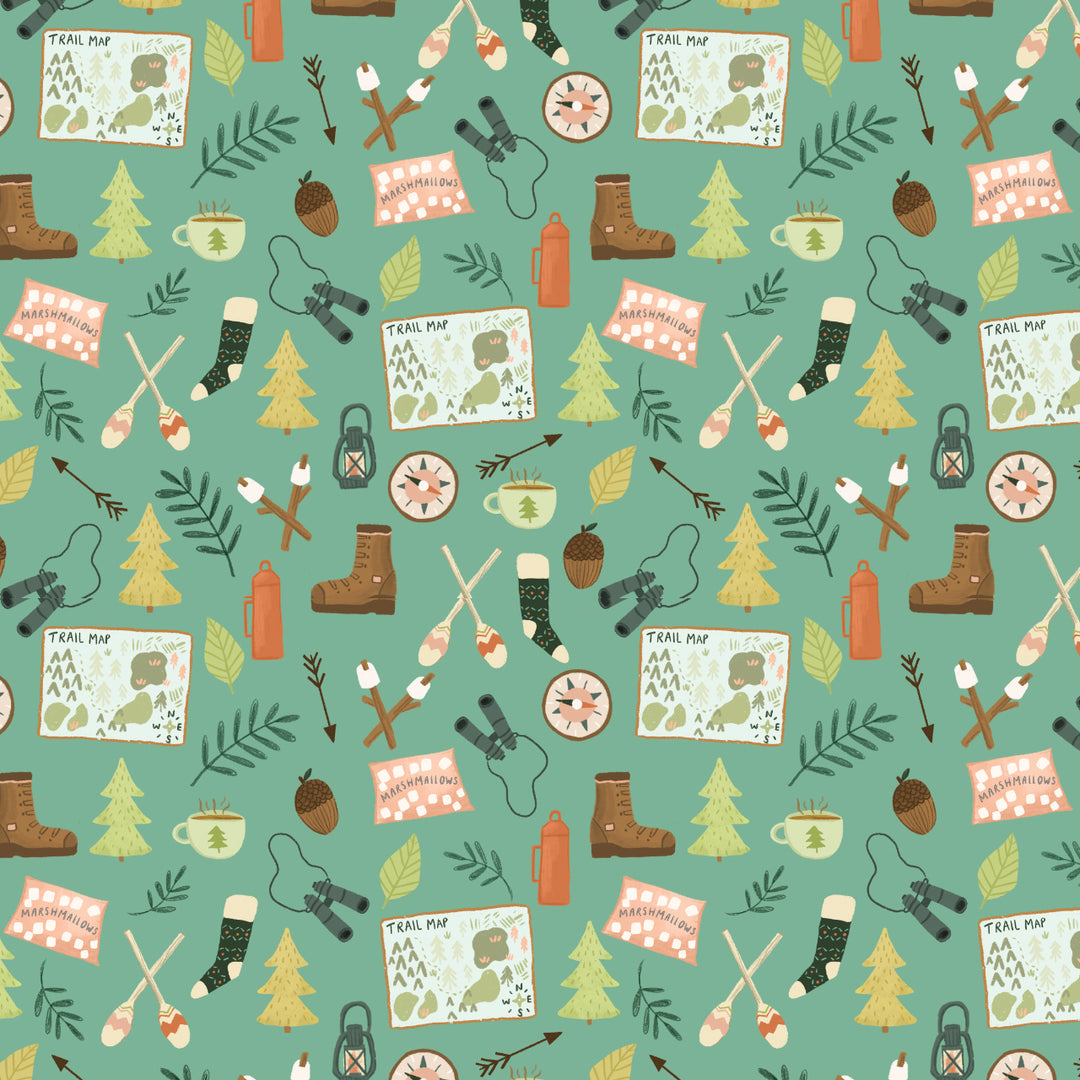 Cotton quilting fabric pattern called 'Camping Accessories'. Part of the 'Cedar Camp' fabric collection. Designed by Ramble & Bramble for fabric company Dashwood Studios. SKU: CEDAR2369. 44-45 inch width.