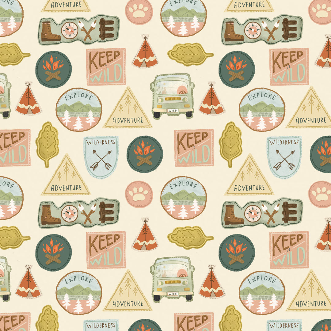 Cotton quilting fabric pattern called 'Patches'. Part of the 'Cedar Camp' fabric collection. Designed by Ramble & Bramble for fabric company Dashwood Studios. SKU: CEDAR2370. 44-45 inch width.