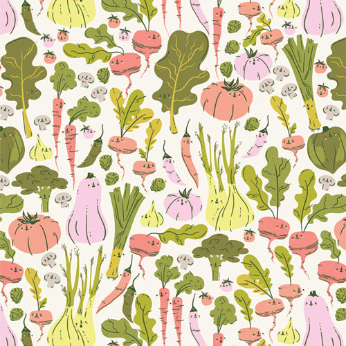 A closeup shot of the quilting fabric pattern called Eat Your Veggies, designed by AGF Studios. The SKU is CTG77100.