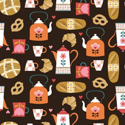 A closeup shot of the quilting fabric pattern called Cafe et Patisserie, designed by Bee Brown. The SKU is DABON2527-V11.